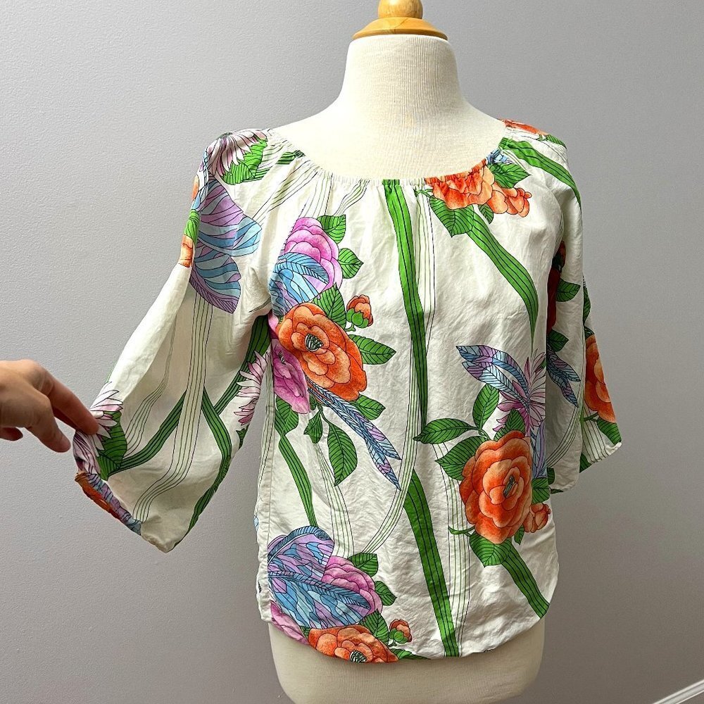 Alice + Olivia 100% Silk White Floral 3/4 Puff Sleeve Top Sz S